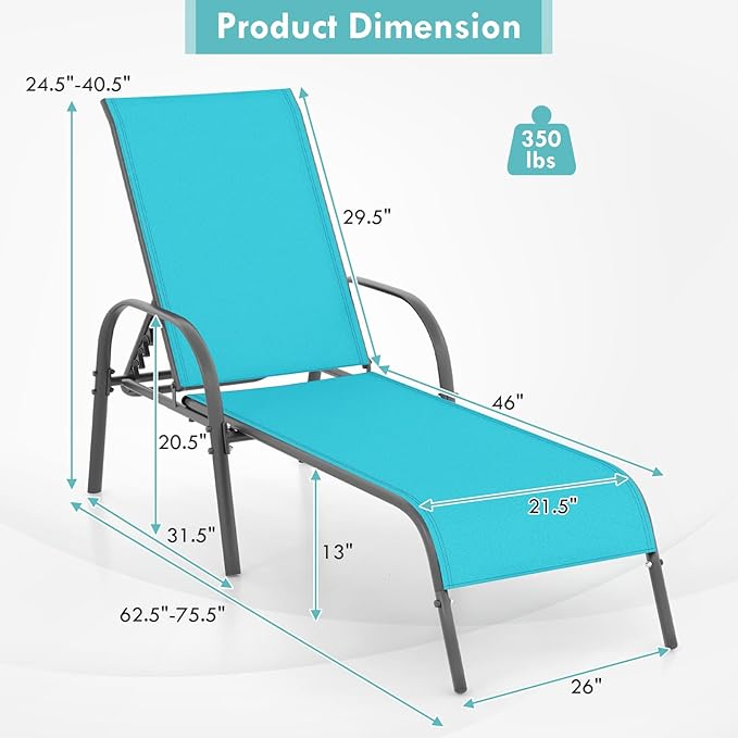 COSTWAY Outdoor Lounge Chairs Set of 2, Patio Chaise Lounge Recliner with Heavy Duty Steel Frame, 5-Position Adjustable Backrest for Deck, Beach, Pool (2, Turquoise)