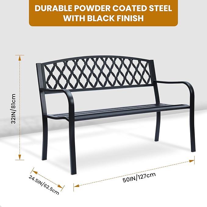 Lattice Metal Park Patio Bench, Outdoor Bench in Black for Porch, Lawn, Garden, Deck by Sun-Ray
