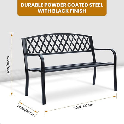 Lattice Metal Park Patio Bench, Outdoor Bench in Black for Porch, Lawn, Garden, Deck by Sun-Ray