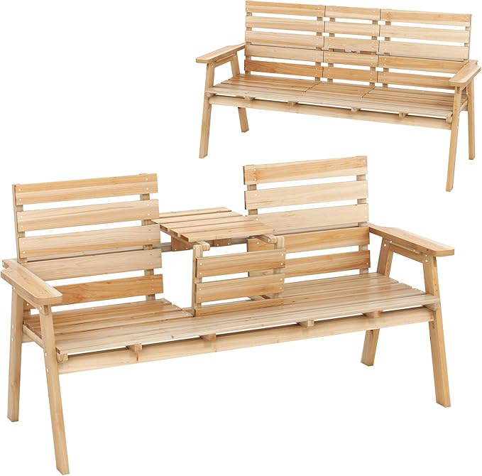 Tangkula Outdoor Fir Wood Bench with Foldable Middle Table, 2-3 Person Garden Bench with Backrest and Armrests - Photo 1