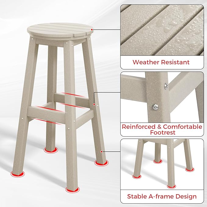 Costaelm 29" Height Outdoor Bar Stools, All-Weather Bar Stools, Adirondack Poly Patio Round Bar Stool for Patio, Deck, Kitchen Counter and Garden, Sand