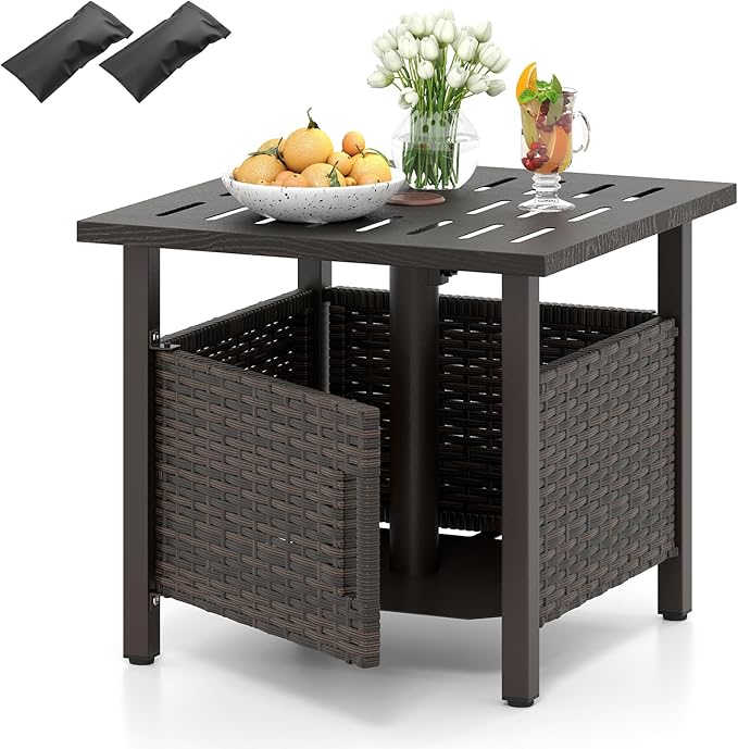 Tangkula Outdoor Table with Hole, Patio Umbrella Table with 2 Sand Bags, 1.93" Umbrella Hole, Metal Frame, PE Wicker, Outdoor Side Table for Garden, Deck and Poolside