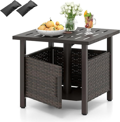 Tangkula Outdoor Table with Hole, Patio Umbrella Table with 2 Sand Bags, 1.93" Umbrella Hole, Metal Frame, PE Wicker, Outdoor Side Table for Garden, Deck and Poolside