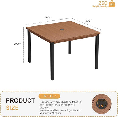 VICLLAX 40.2" Square Patio Dining Table for 4, Outdoor Table with Umbrella Hole, All Weather Metal Patio Table for Lawn Garden, Walnut Wood-Like Tabletop