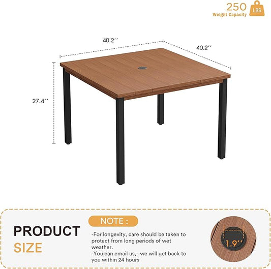 VICLLAX 40.2" Square Patio Dining Table for 4, Outdoor Table with Umbrella Hole, All Weather Metal Patio Table for Lawn Garden, Walnut Wood-Like Tabletop