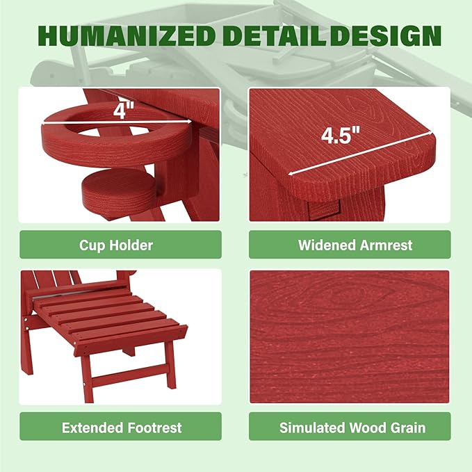 LOUNZY Folding Adjustable Adirondack Chair with Footrest Set of 2,HDPE Recliner Adirondack Chair with Cup Holder for Deck Lawn Fire Pit，Red