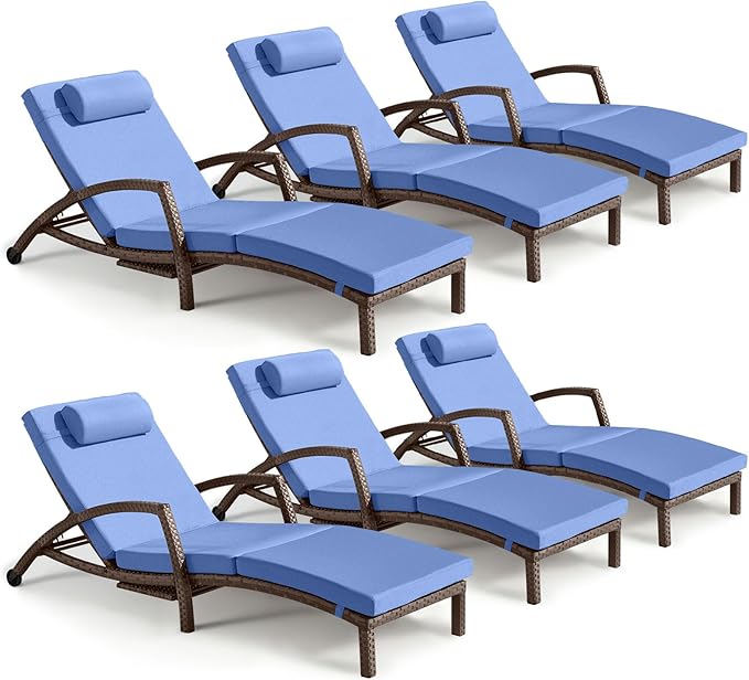 Chaise Lounge Chairs Outdoor Set of 6, Comfy Outside Wicker Patio Pool Lounge Chair w/ 5 Adjustable Back Angle - Photo 1