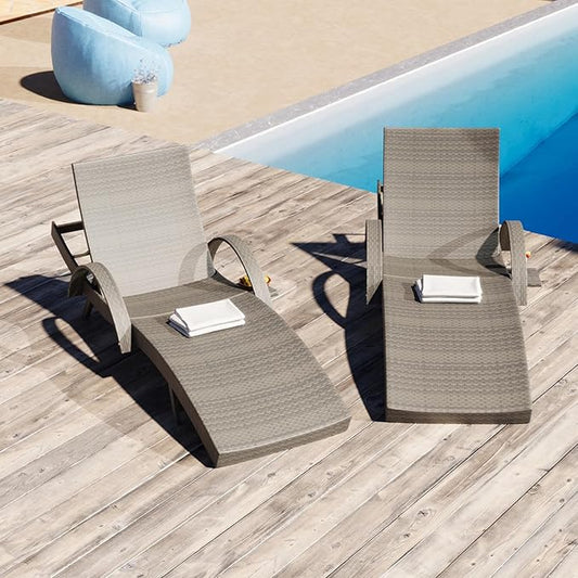 Yayzy 80'' Long Outdoor Wicker Chaise Lounge Chairs Set of 2, Patio Rattan Reclining Chair with Adjustable Backrest & Armrests, Durable PE Rattan Sunbathing Chairs for Pool, Garden, Backyard, Grey
