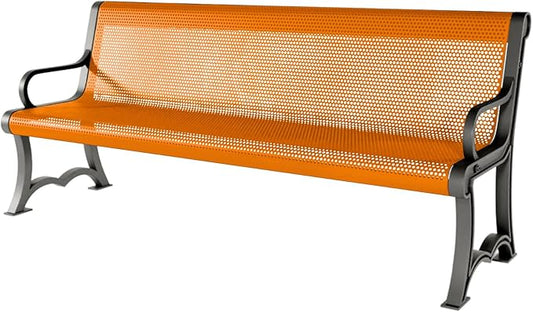 COATEDOUTDOORFURNITURE Heavy-Duty Outdoor Bench Thermoplastic Coated, Punched Steel, Commercial-Grade Garden Bench, Made in America (Portable with Back, 6 Ft, Textured Orange)