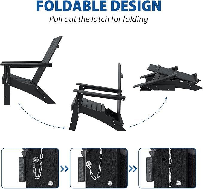 Folding Adirondack Chair Weather Resistant Foldable Fire Pit Chairs HDPE Outdoor Adirondack Chair for Patio Front Porch Pool Garden Deck Fire Pit Outside, Black