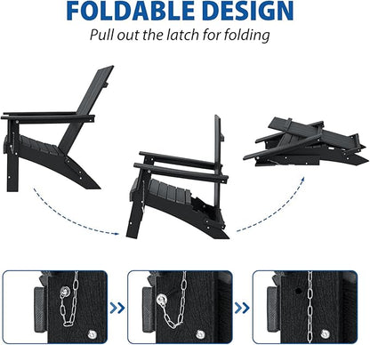 Folding Adirondack Chair Weather Resistant Foldable Fire Pit Chairs HDPE Outdoor Adirondack Chair for Patio Front Porch Pool Garden Deck Fire Pit Outside, Black