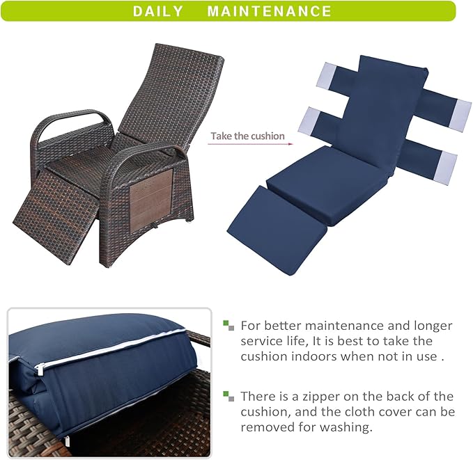 ATR ART TO REAL Outdoor Recliner Chairs, PE Wicker Reclining Lounge Chair with Removable Soft Cushion, Adjustable Outside Recliners for Patio, Porch, Poolside, Balcony, Lawn (Navy Blue, 1 PC)