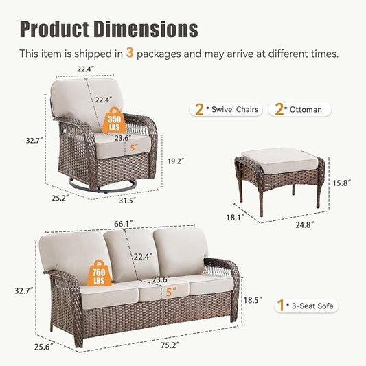 5 Pieces Patio Furniture Set Swivel Chairs, All Weather Wicker Swivel Rocker Patio Chairs Rattan 3 Seater Sofa with Ottomans, Outdoor Seating Furniture for Deck Yard Sunroom, Beige