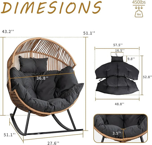 Shintenchi Wicker Egg Chair,Outdoor Indoor Rocking Chair,Large PE Rattan Rocking Chair with Cushion for Patio, Balcony, Backyard, Garden,Deep Grey