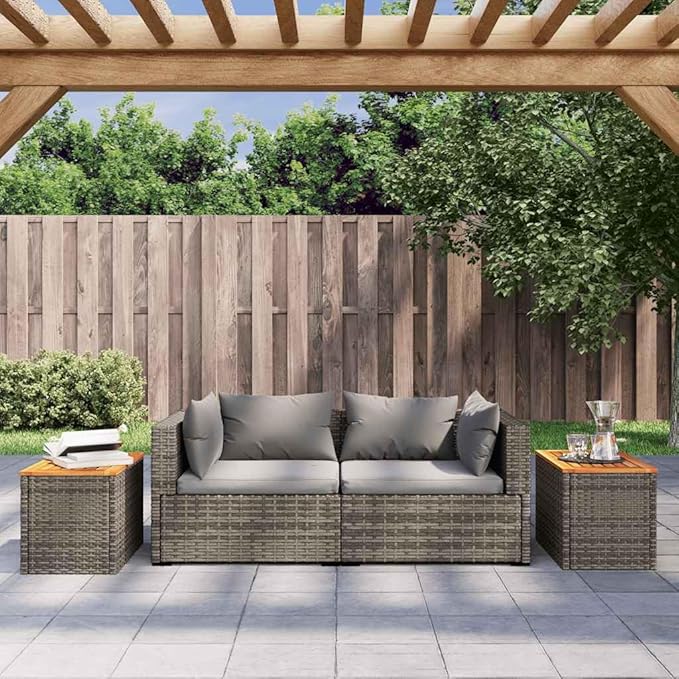 Set of 2 Outdoor Side Tables, Rectangular Patio End Table with Solid Acacia Wood and PE Rattan, Modern Garden Furniture for Backyard, Balcony, and Poolside