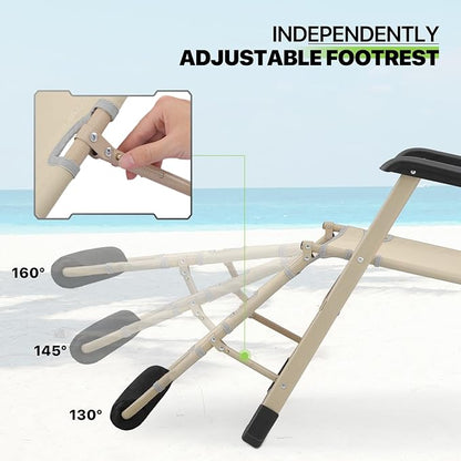Magshion Folding Reclining 3-Position Patio Chair Outdoor Lounge Chair with Footrest Folding Portable Outside Recliner Chair for Poolside Backyard Beach, 330 lbs (Cream)