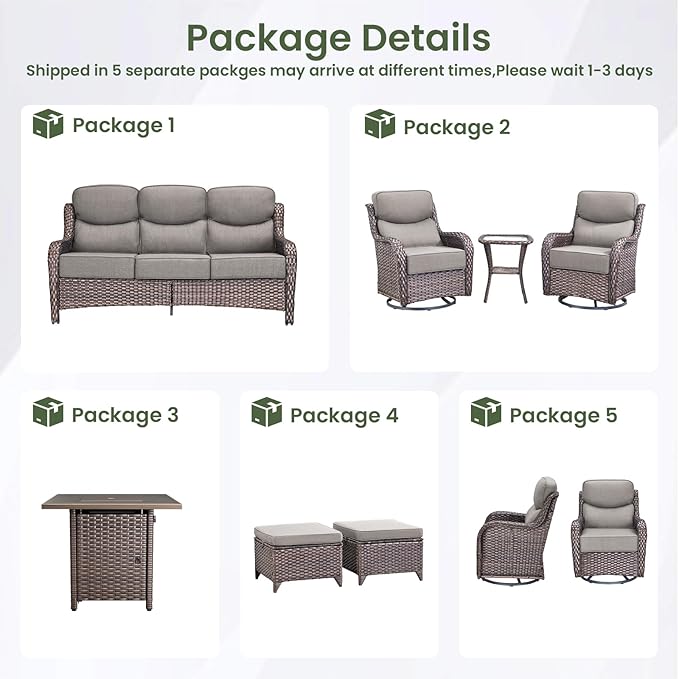 Luxury Patio Furniture Set with 6-inch Thick Cushion, Outdoor Furniture with Fire Pit Table, Swivel Chairs, Sofa - Photo 2