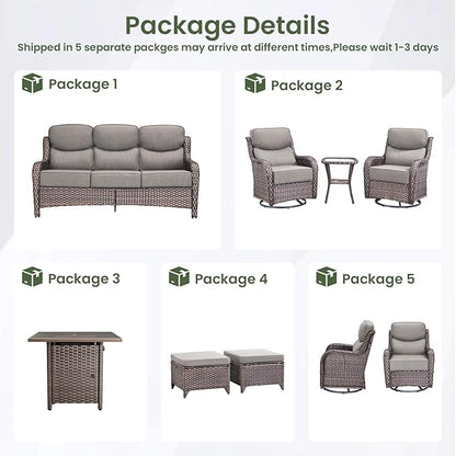 Luxury Patio Furniture Set with 6-inch Thick Cushion, Outdoor Furniture with Fire Pit Table, Swivel Chairs, Sofa, Side Table, Ottomans, 9pcs Wicker Conversation Set for Deck Yard and Poolside(Grey)