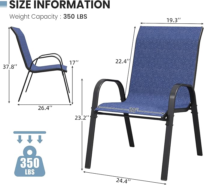 Patio Dining Chairs Set of 6, Outdoor High Stacking Chairs，Breathable Seat Fabric and Alloy Steel Frame for Backyard, Porch, Garden, Sunroom (Blue)