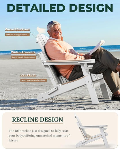 BRIOPAWS Folding-Adirondack-Chair | HDPE | Fire Pit Chairs | Cup Holder | Weather Resistance | White | for Outdoor Backyard Deck Patio