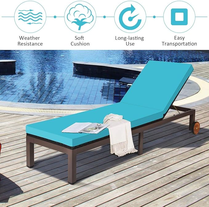 DORTALA Outdoor Pool Chaise Lounge Chair, Metal Rattan Lounger Recliner Chair W/Wheels - Photo 6