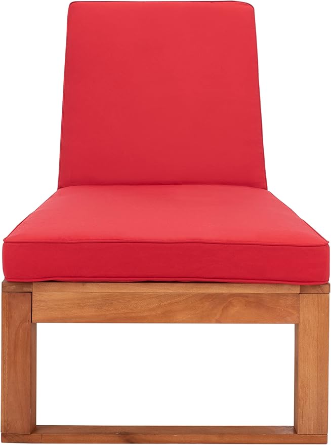 SAFAVIEH Outdoor Collection Solano Natural Brown Solid Wood/Red Cushion Patio Adjustable Chaise Lounge Chair (PAT7024R)