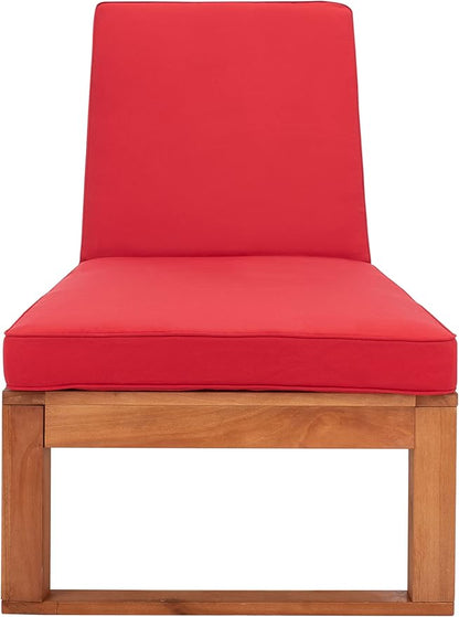 SAFAVIEH Outdoor Collection Solano Natural Brown Solid Wood/Red Cushion Patio Adjustable Chaise Lounge Chair (PAT7024R)