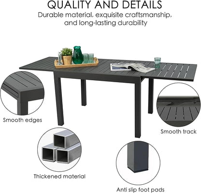 Kozyard Expandable Outdoor Patio Dining Table, 43"–86.6" Adjustable Length, All-Aluminum Frame, Weather & Rust Resistant, for Backyard, Porch, Deck, Garden, Gray