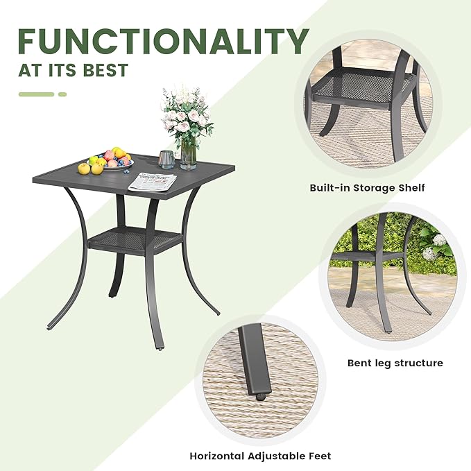 Outdoor Dining Table with Storage Shelf, 27.5" All-Weather Square Patio Dining Table for 2, Metal Patio Table for Garden Lawn Porch Deck Yard, Dark Grey