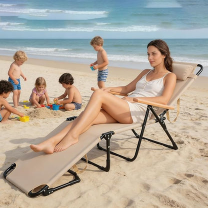 Folding Outdoor Chaise Lounge Chair, Portable Camping Cot with Headrest, 4 Position Beach Lounge with Cup Holders & Wooden Armrests, Sun Tanning Chair for Patio Pool Lawn, Supports 350lbs (Beige)