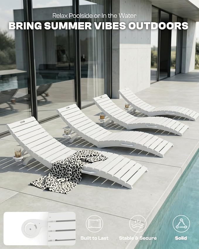Pre-Assembled Folding in-Pool Lounge Chair, HDPE Outdoor Chaise Lounge with Cup Holder, Pool Lounge Chair for Poolside - Photo 4
