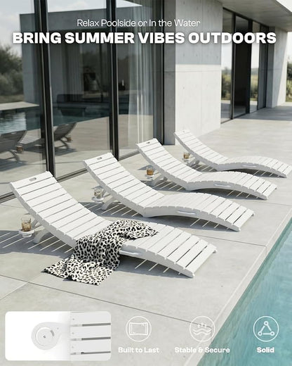 Pre-Assembled Folding in-Pool Lounge Chair, HDPE Outdoor Chaise Lounge with Cup Holder, Pool Lounge Chair for Poolside, Patio, Beach, Deck (White)