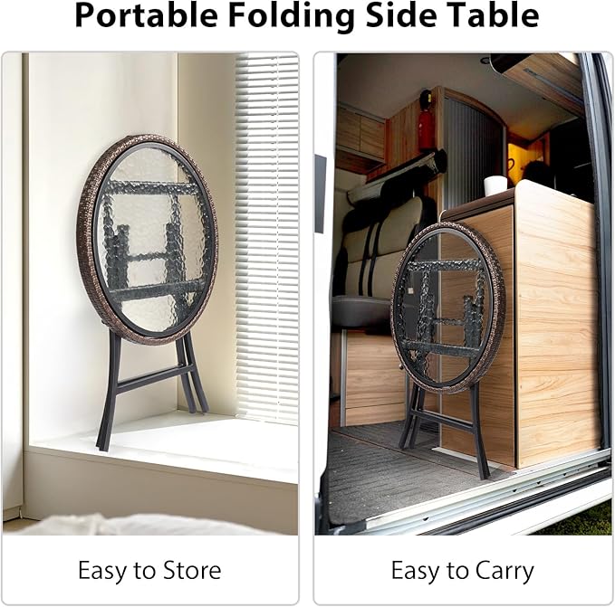 Outdoor Side Table, Round Rattan Patio Side Table, Small Foldable Wicker Table with Tempered Glass Table Top for Lawn Garden Balcony Porch Deck Pool