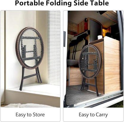Outdoor Side Table, Round Rattan Patio Side Table, Small Foldable Wicker Table with Tempered Glass Table Top for Lawn Garden Balcony Porch Deck Pool