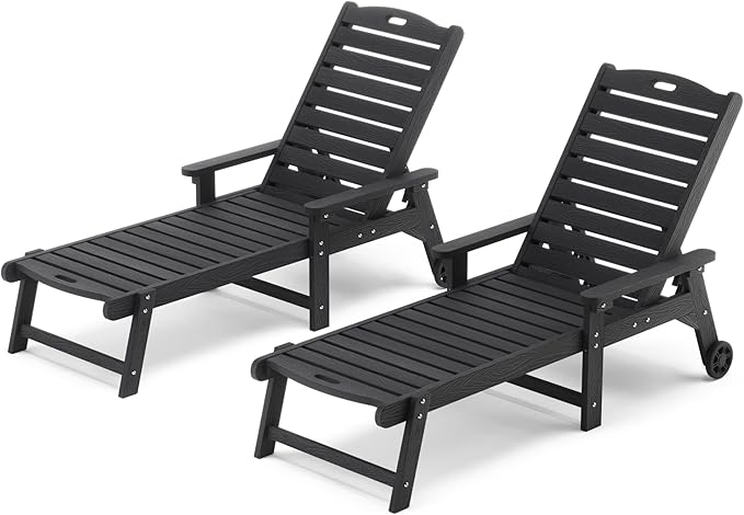 LUE BONA HDPS Chaise Lounge Chair Set of 2, Outdoor Pool Lounge Chairs with Adjustable Backrest, Resin Patio Lounge Chairs with Wheels for Outside, Poolside, Black