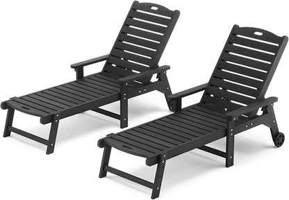 LUE BONA HDPS Chaise Lounge Chair Set of 2, Outdoor Pool Lounge Chairs with Adjustable Backrest, Resin Patio Lounge Chairs with Wheels for Outside, Poolside, Black