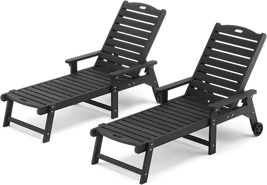 LUE BONA HDPS Chaise Lounge Chair Set of 2, Outdoor Pool Lounge Chairs with Adjustable Backrest, Resin Patio Lounge Chairs with Wheels for Outside, Poolside, Black