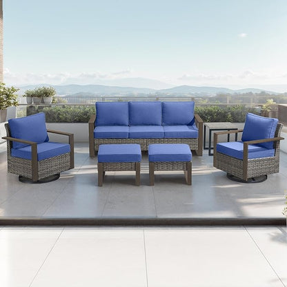 Rilyson Outdoor Wicker Patio Furniture Set - 6 Piece Patio Conversation Set with 2 Wicker Swivel Rocker Chairs,2 Rattan Ottoman,1 Side Table and 1 Couch,Thick Cushions,Deep Seating(Mixed Grey/Blue)