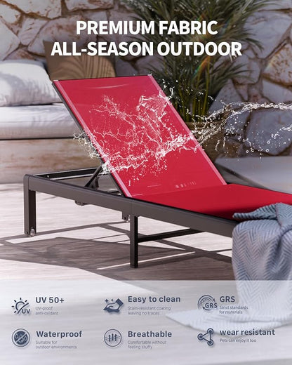 Aluminum Lounge Chairs Outdoor Chaise Furniture,2 Sets Patio Metal Deck Lounger Adjustable 5-Position Poolside Chase Recliner with Wheels for Beach,Coffee Table, (Red, 2 Chair)