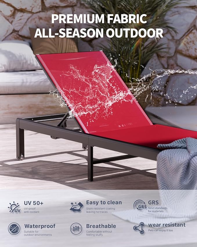 Aluminum Lounge Chairs Outdoor Chaise Furniture,2 Sets Patio Metal Deck Lounger Adjustable 5-Position Poolside Chase Recliner with Wheels for Beach,Coffee Table, (Red, 2 Chair＋Table)