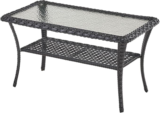 Belord 38 Inch Outdoor Coffee Table with 2 Tier Storage - Wicker Coffee Table with Water Ripple Texture Tempered Glass Top, All Weather Patio Coffee Table for Deck Porch Balcony Garden Black
