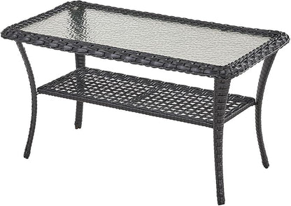 Belord 38 Inch Outdoor Coffee Table with 2 Tier Storage - Wicker Coffee Table with Water Ripple Texture Tempered Glass Top, All Weather Patio Coffee Table for Deck Porch Balcony Garden Black