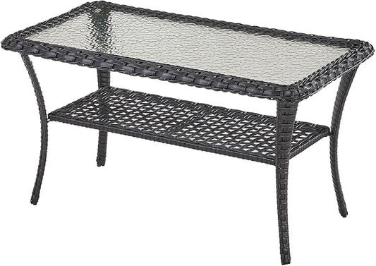 Belord 38 Inch Outdoor Coffee Table with 2 Tier Storage - Wicker Coffee Table with Water Ripple Texture Tempered Glass Top, All Weather Patio Coffee Table for Deck Porch Balcony Garden Black