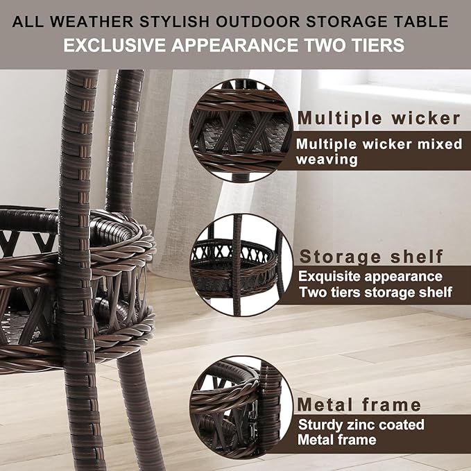 Outdoor Side Table Wicker Outdoor End Table for Patio Rattan Side Table for Outside Brown Patio Coffee Table with - Photo 6