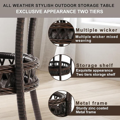Outdoor Side Table Wicker Outdoor End Table for Patio Rattan Side Table for Outside Brown Patio Coffee Table with Storage & Glass Table Top Round for Backyard Porch