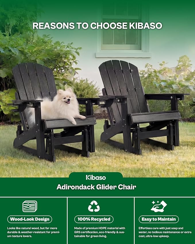 3-Position Adjustable Adirondack Chair with Cup Holder Set of 2, HDPE All-Weather Outdoor Glider Chair, Wood-Grain Fire Pit Chairs for Pool, Yard, Deck (Black)