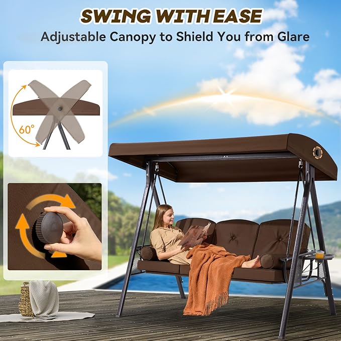3 in 1 Outdoor Porch Swing with Canopy, 3 Seat Outdoor Swing for Adults, Patio Swing Chair with Thickened Cushions - Photo 2
