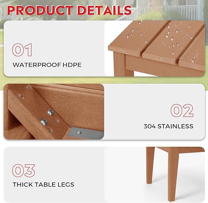 Costaelm Adirondack Outdoor Coffee Table, HDPE Drink Table Weather Resistant, Patio Porch Accent Balcony Table Outdoor End Table for Pool, Seaside, Backyard, Teak