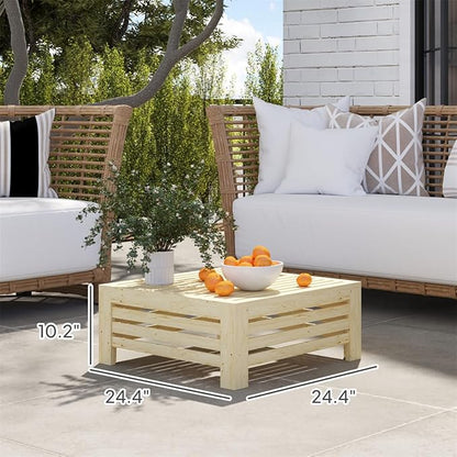 Wooden Outdoor Coffee Table with Umbrella Hole, 24.4 x 24.4 inches, Umbrella Base Stand Storage Box Design, Fir Wood (Natural)