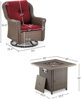 Outdoor Patio Swivel Gliders with Fire Pit Table 5 Piece Set - High Back Brown Wicker Rattan Rocking Chair with Thick - Photo 3